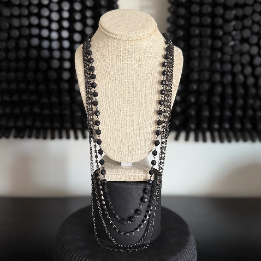 Black Gunmetal Multi-Strand Metal & Bead Necklace